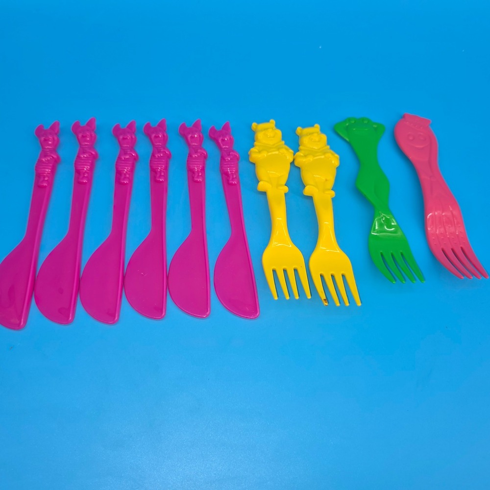 Vintage  Plastic Character Flatware Set Winnie the Pooh Piglet Frog Octopus 10pc